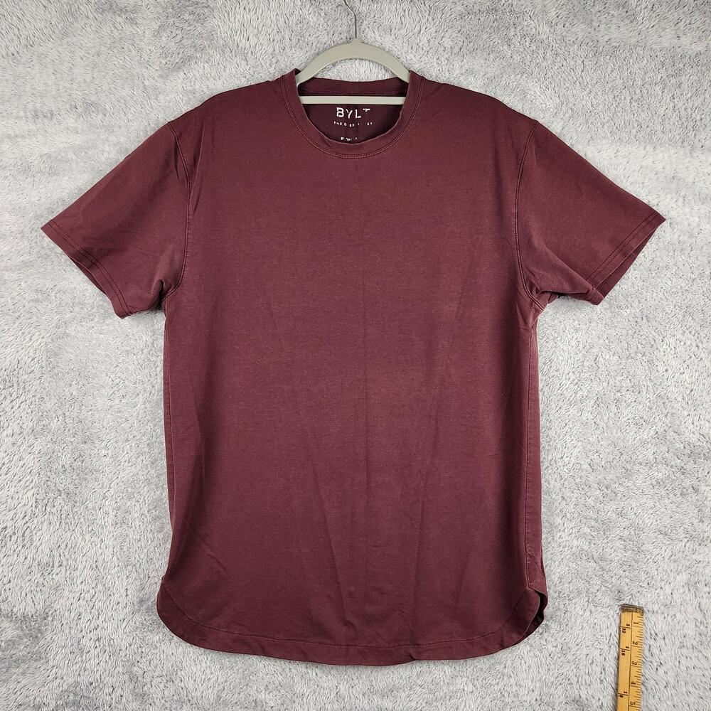 BYLT Shirt Mens Large Red Maroon Drop Cut Curved Hem Stretch The Overlay Tee